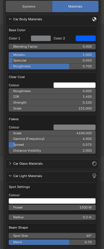 iCars Materials and Lights Panel